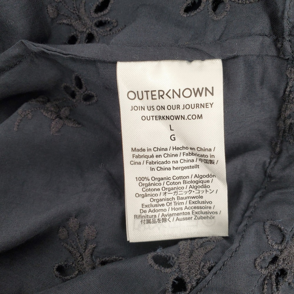 Outerknown Poet Blouse Women Large Black 100% Organic Cotton Eyelet Button Front - Picture 7 of 8